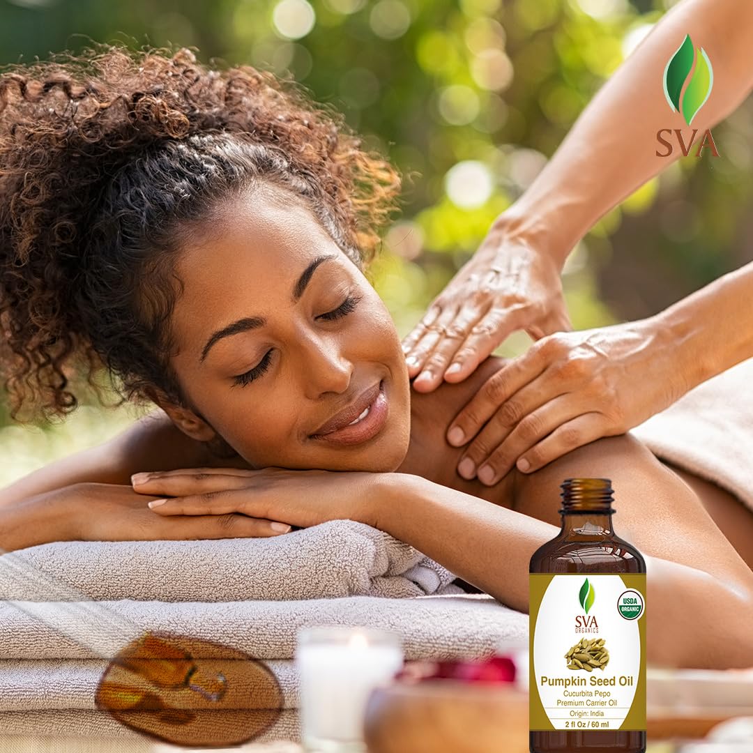 SVA Pumpkin Seed Oil Organic - 2 Fl Oz – 100% Natural Cold Pressed Pumpkin Seed Oil - for Face, Skin Care, Hair Care, Scalp Massage & Body Massage - with Dropper