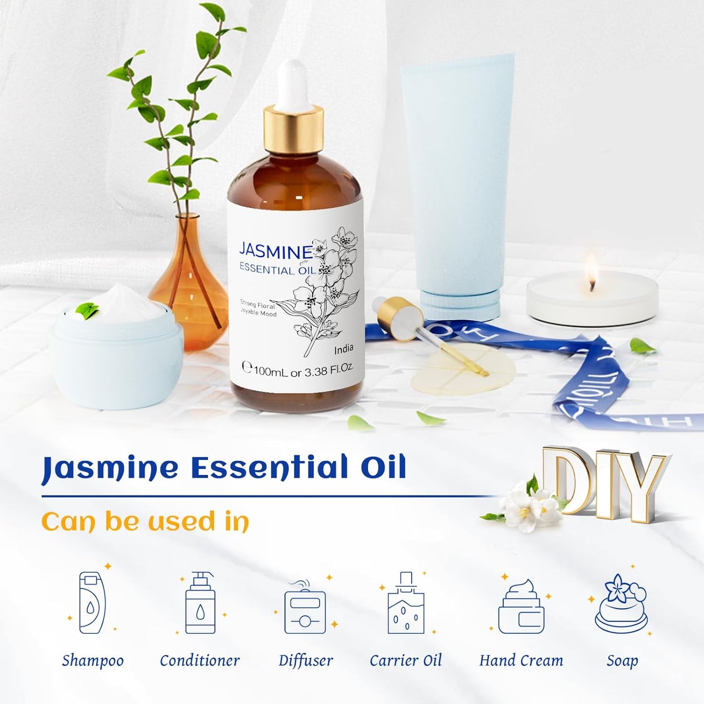 HIQILI Jasmine Essential Oil, Pure & Natural Jasmine Oil for Diffuser, Perfume, Shampoo, Aromatherapy