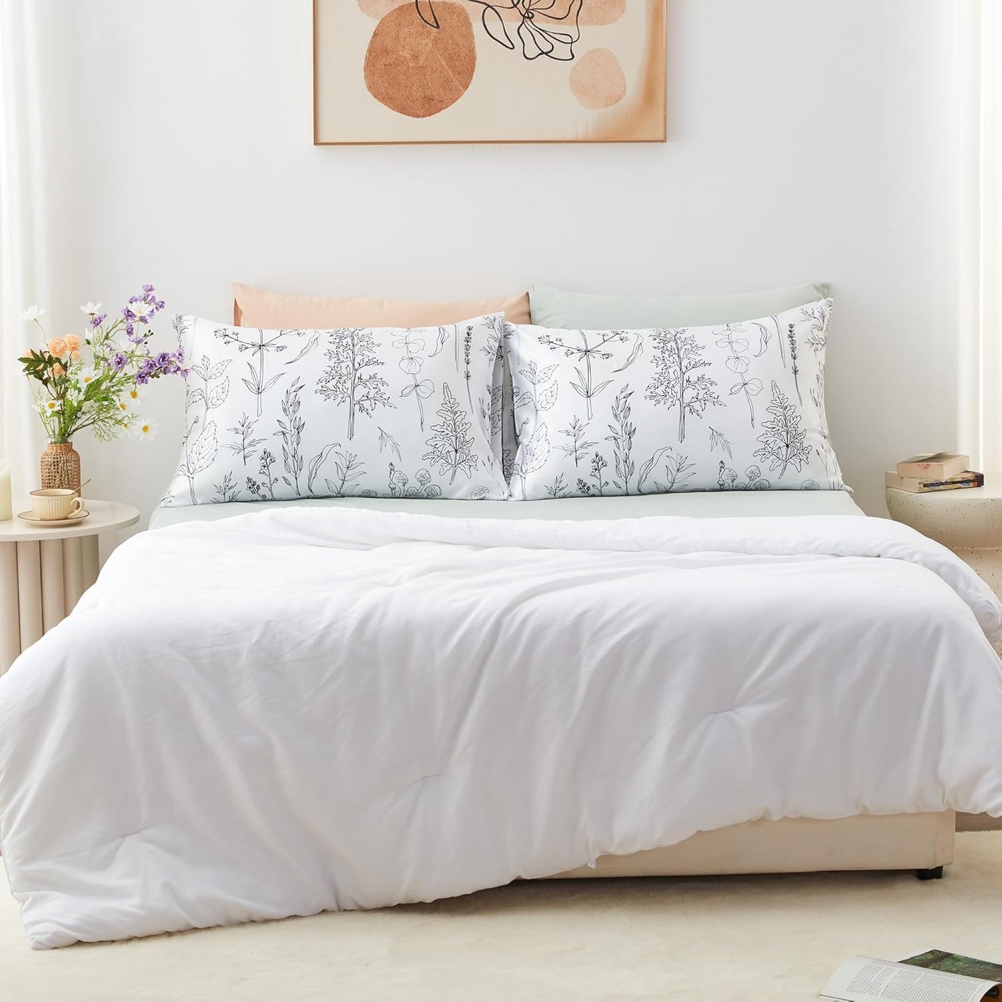 EXQ Home Silky Satin Pillowcase for Hair and Skin,Pillow Cases Standard Size Set of 2 Satin Pillow Case 2 Pack with Envelope Closure Flowers with White Background