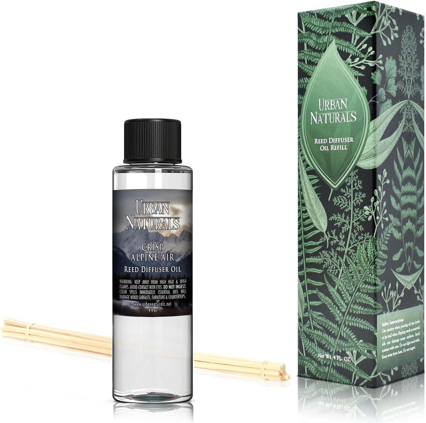 Urban Naturals Reed Diffuser Oil Refill, Crisp Alpine Air Diffuser Oils with Eucalyptus, Pine, Citrus, 4 oz + Free Reed Sticks, Made in The USA