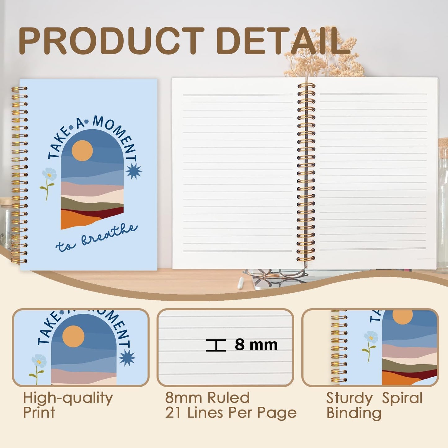 FDHSPAAM Blue Mental Health Spiral Journal Notebook 5.5x8.3in, Take A Moment to Breathe Inspirational Notebooks for Note Taking, Therapy Office Must Haves, Hardcover Notebook Journal