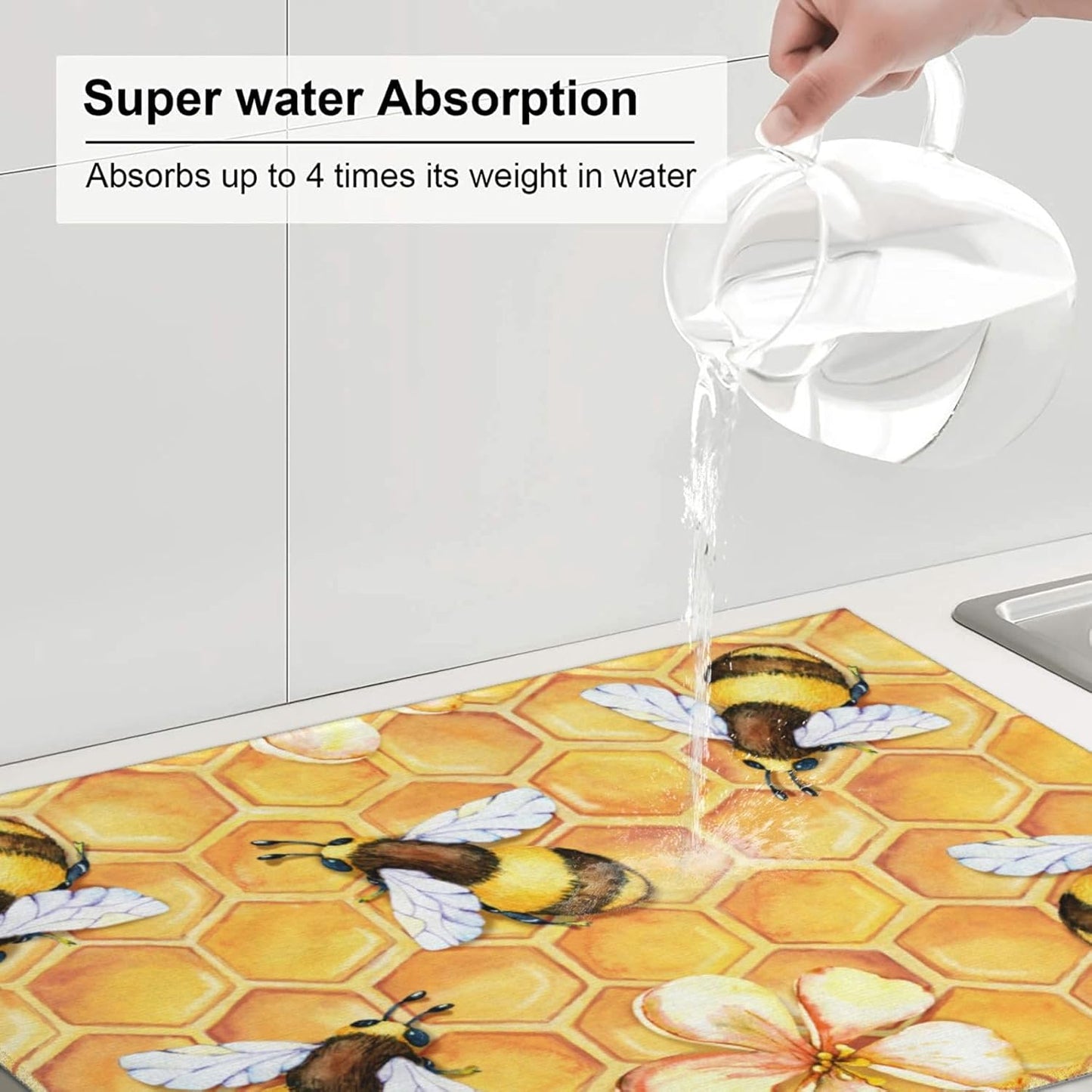 Bee Dish Drying Mat For Kitchen Counter Absorbent Large Kitchen Fast Dry Pad Reusable Washable Protector Rack Large Mat 18 X 24