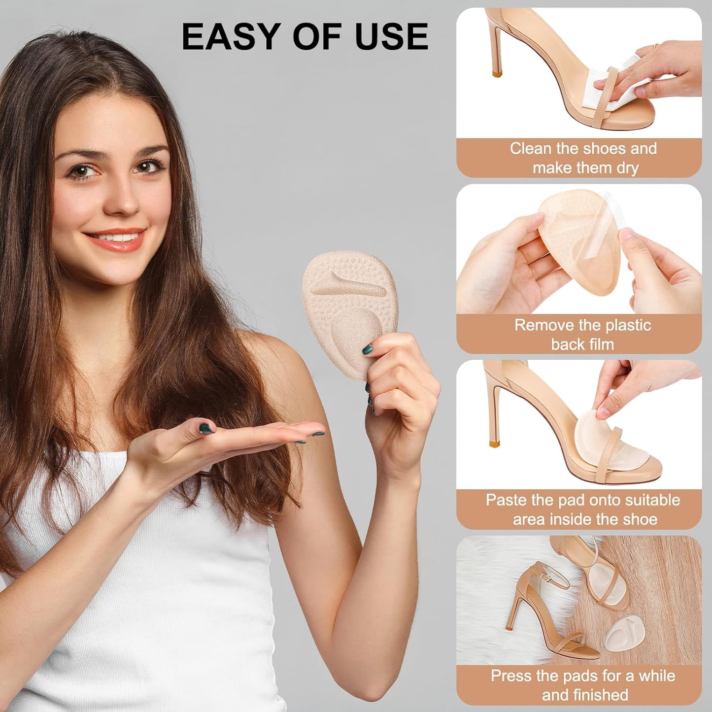 Heel Cushion Pads, Metatarsal Pads for Women, Ball of Foot Cushions, Liners for Pain Relief, Prevent Blisters Friction, Shoe Inserts for Loose Shoes to Make Fit Tighter (4 Pairs)