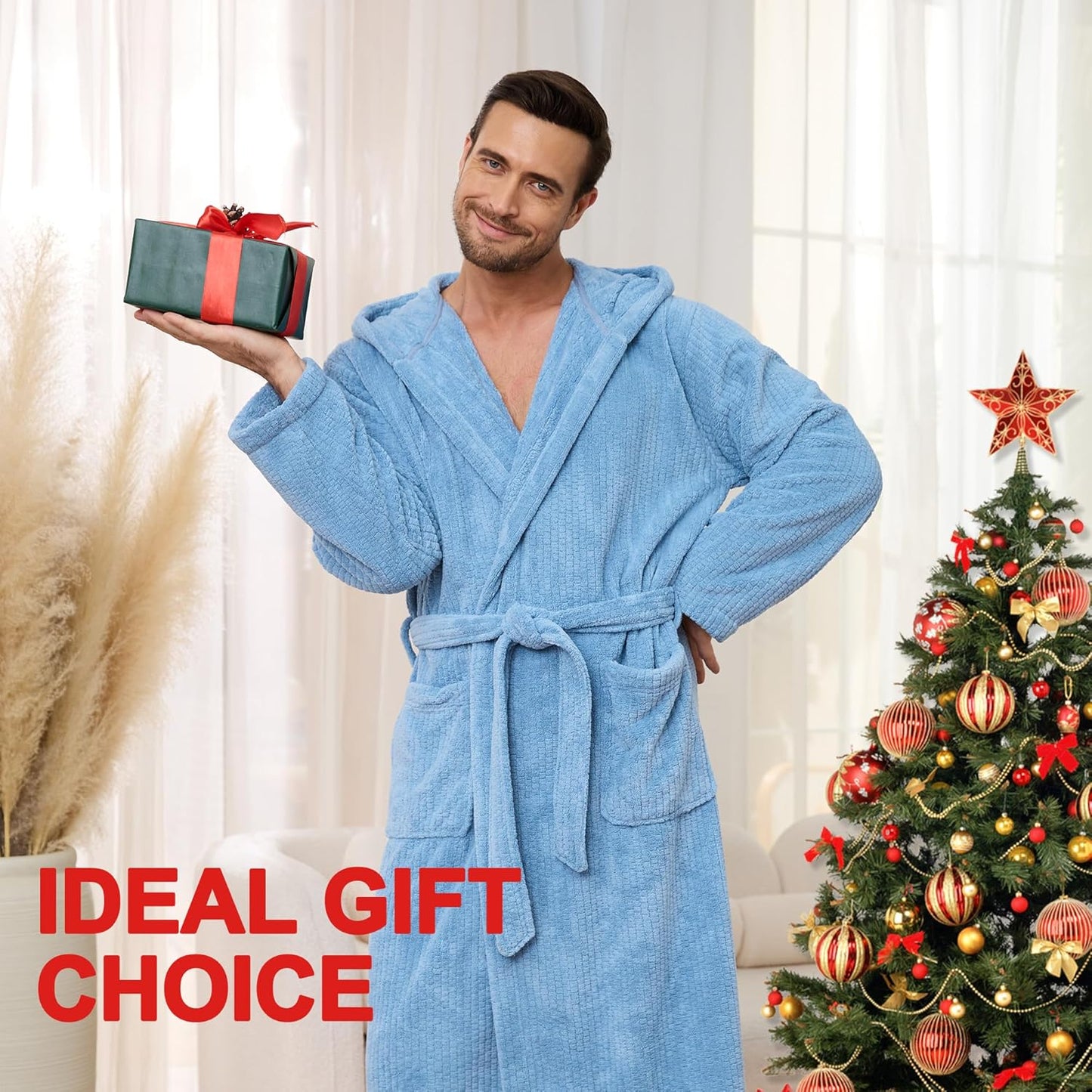 Men's Bathrobes with Hood, Soft Long Towel Robe for Men - Super Absorbent Quick Dry yet Warm