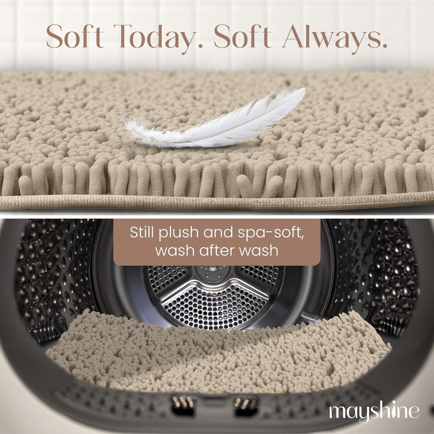 MAYSHINE Plush Shaggy Chenille Bath Mat | Extra Soft, Super Absorbent, Non-Slip Bathroom Rug | Fluffy Microfiber, Area Rug Sets for Bathroom Floor, Kitchen, Living Room | 23"x14" | Beige