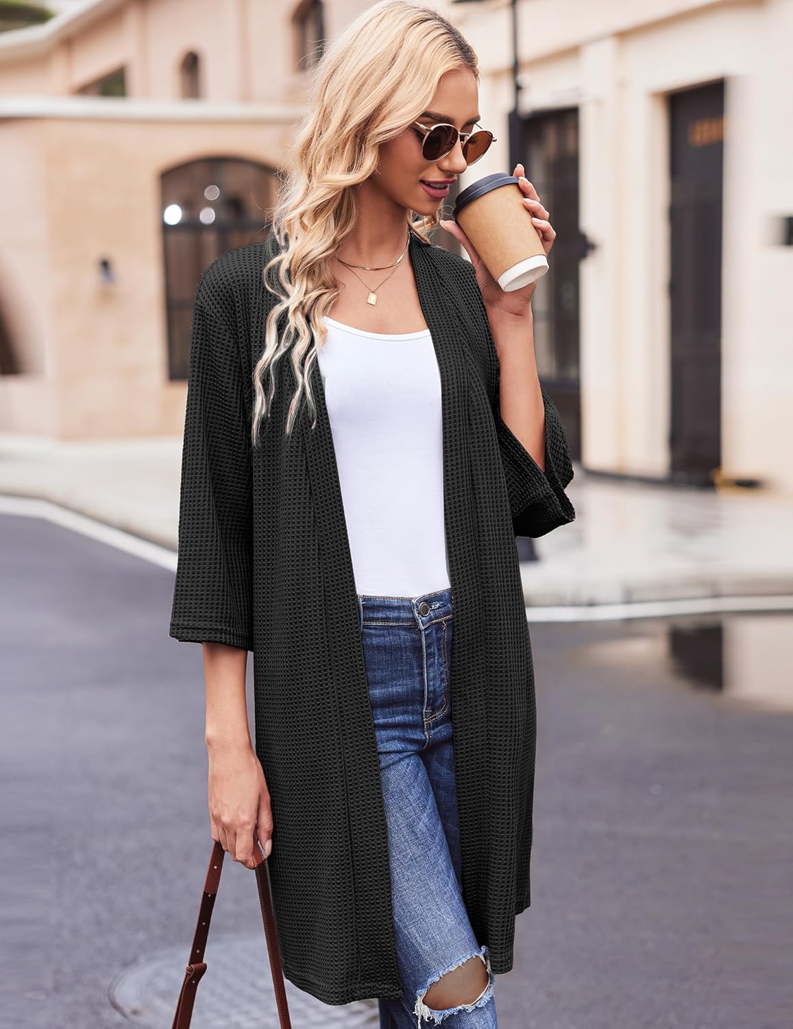 Ekouaer Robes for Women Waffle Knit Bathrobe Soft Lightweight Knee Length Loungewear S-XXL