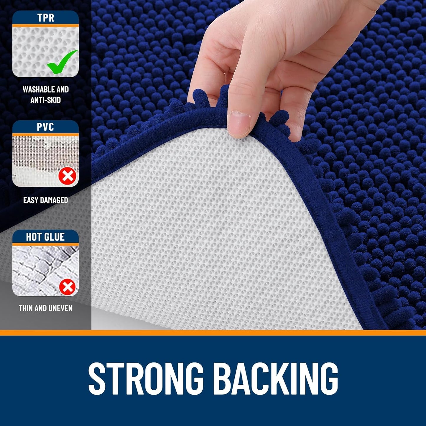 OLANLY Bathroom Rugs 70x24, Extra Soft Absorbent Chenille Bath Rugs, Rubber Backing Quick Dry, Machine Washable Bath Mats for Bathroom Floor, Tub and Shower, Home Decor Accessories, Navy