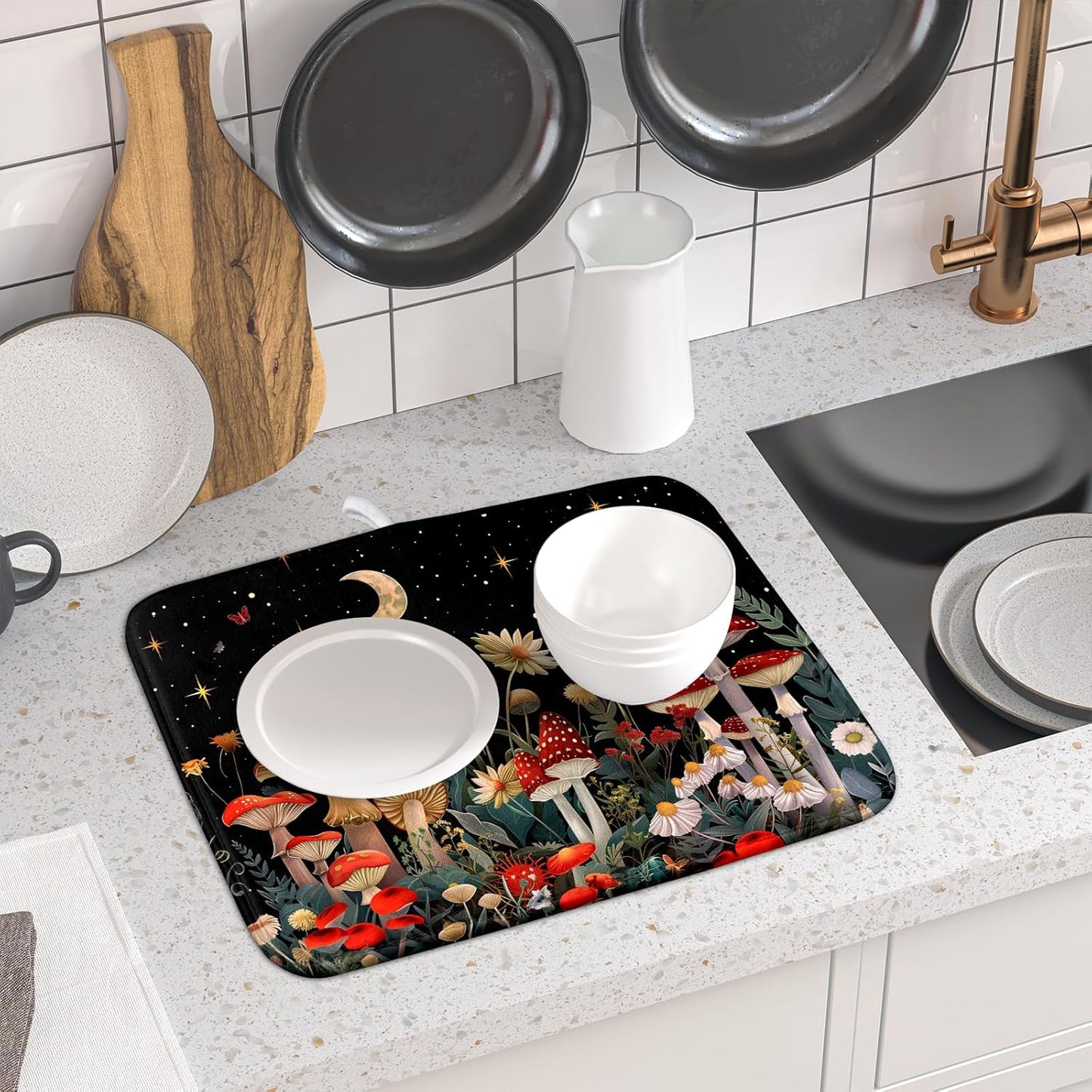Black Mushroom Dish Drying Mat for Kitchen Counter Leaves Botanical Microfiber Dish Rack Mat Drainer Pad Washable Absorbent Dry Mat 16x18 Inch