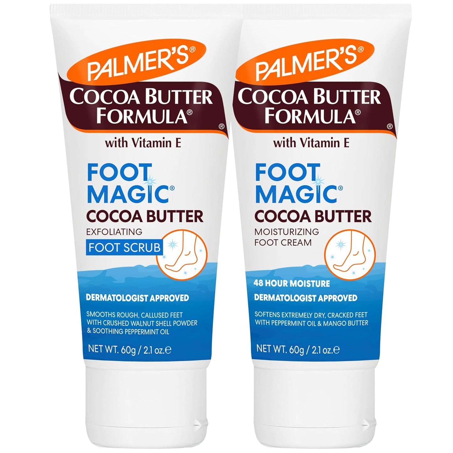 Palmer's Cocoa Butter Formula Foot Magic Bundle, Exfoliating Foot Scrub and Moisturizing Foot Cream for Dry, Cracked Heels (2 x 2.1 oz Tubes)
