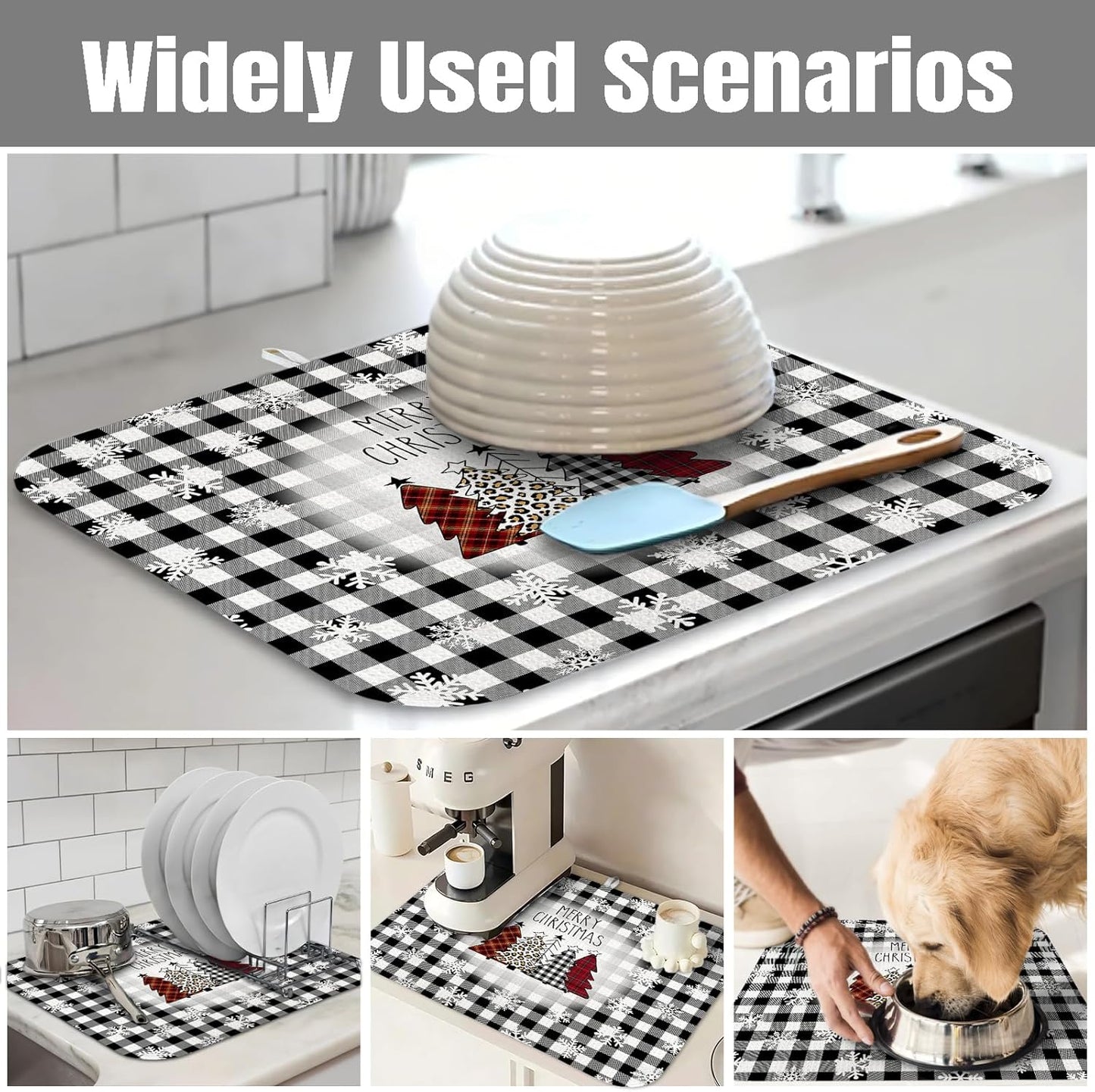 Dish Drying Mat for Kitchen Counter Large 16" x 18" Buffalo Plaid Christmas Tree Absorbent Microfiber Dishes Drainer Rack Mats Pad Reusable Washable