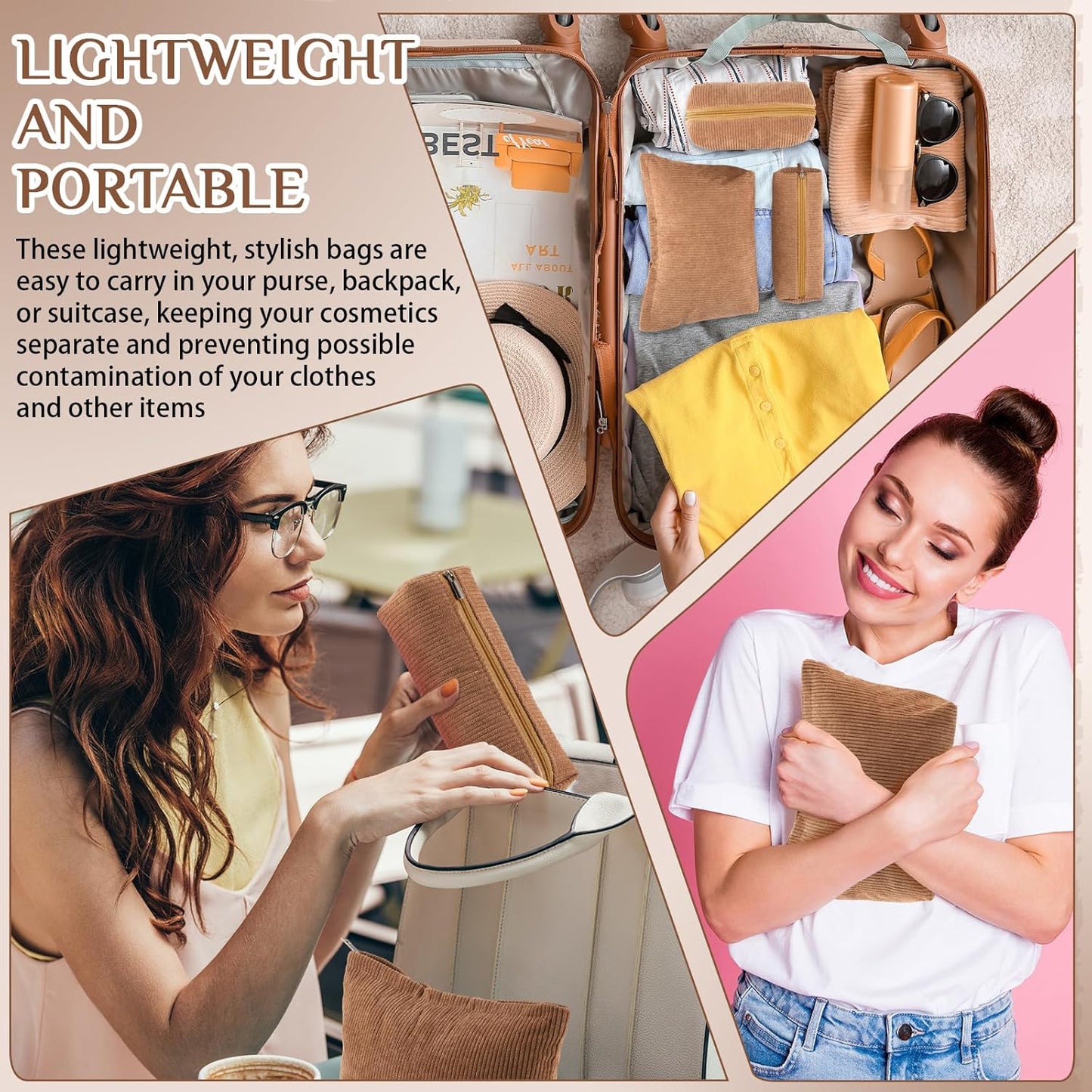 3 Pcs Makeup Bag Set for Women Corduroy Cosmetic Pouch Aesthetic Smile Travel Toiletry Bag Cute Purse Pouch Pencil Case Makeup Brushes Storage Organizer for Christmas(Brown,Solid Style)