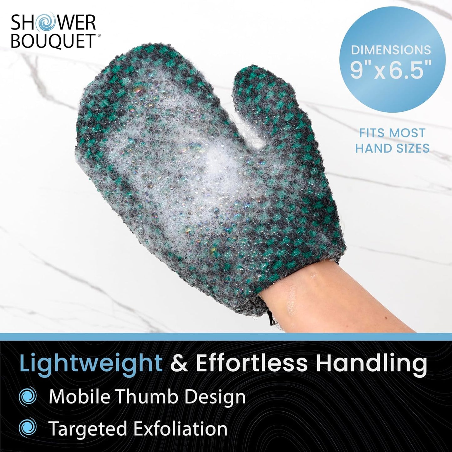 Japanese Exfoliating Mitt 2-Pack - Charcoal & Silver Ion Exfoliating Gloves for Shower - Soft Inner Fabric Gentle Exfoliation & Deep Cleansing Body Scrub Gloves for All Skin Types - 1 White, 1 Green