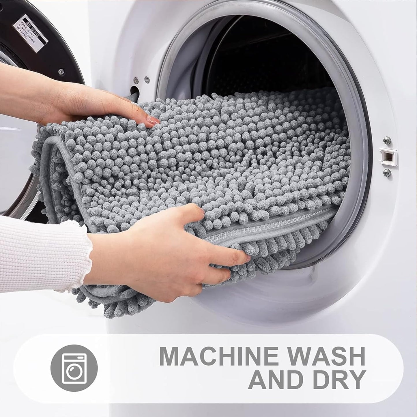 Grandaily Chenille Striped Bathroom Rugs 47x32, Extra Thick and Absorbent Bath Mats, Non-Slip Soft Plush Shaggy Shower Carpet, Machine Wash Dry, Bath Rug for Bathroom, Light Grey