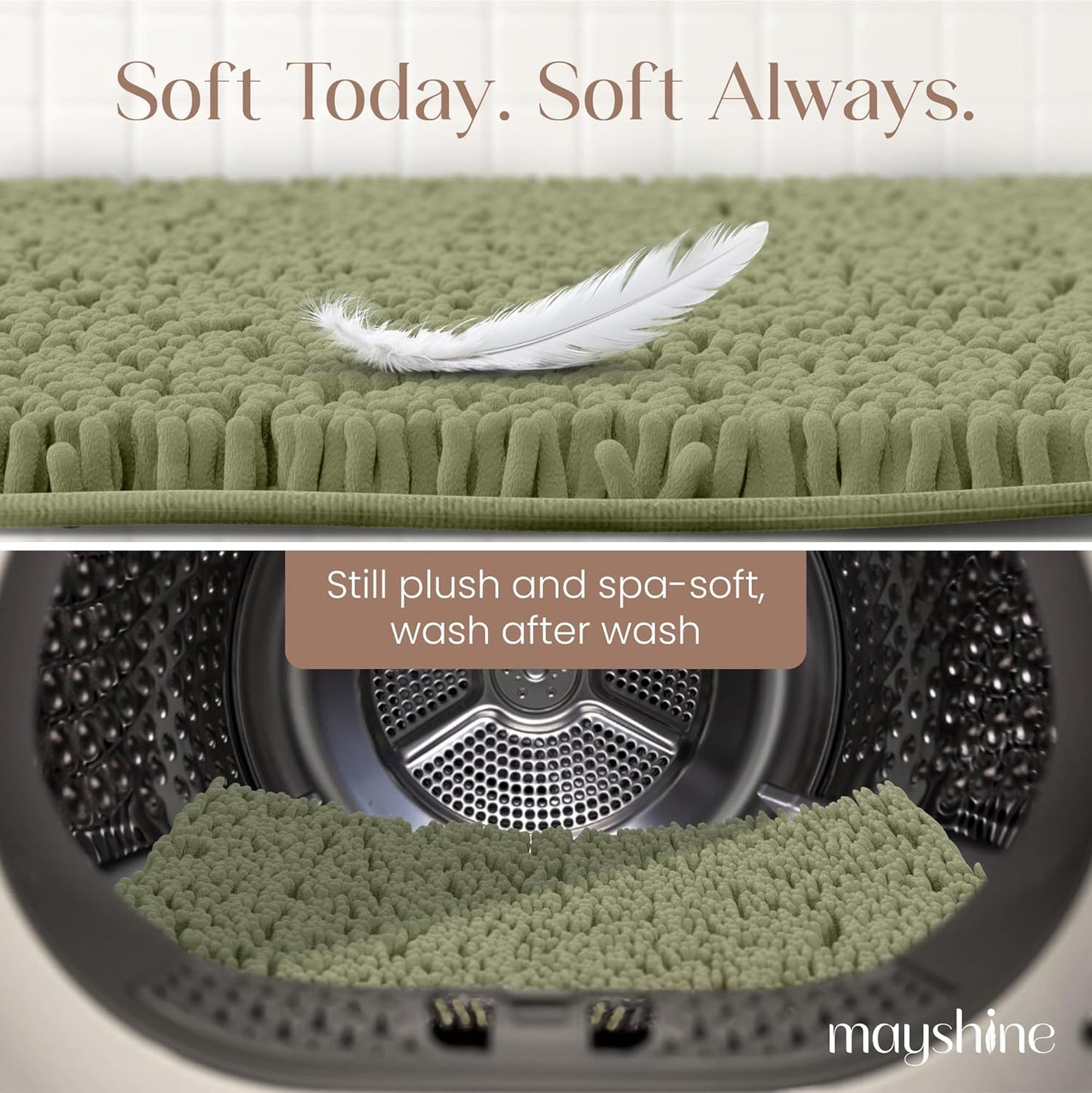 MAYSHINE Plush Shaggy Chenille Bath Mat | Extra Soft, Super Absorbent, Non-Slip Bathroom Rug | Fluffy Microfiber, Area Rug Sets for Bathroom Floor, Kitchen, Living Room | 23"x14" | Sage Green