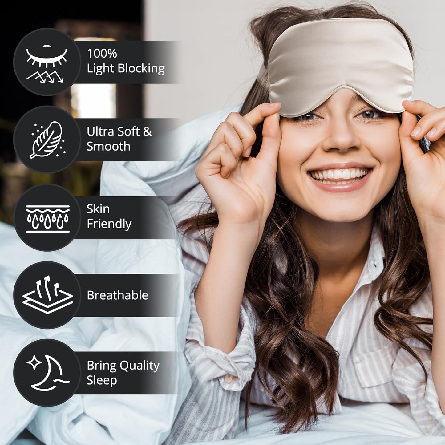 BOKOR Adjustable Silk Sleep Eye Mask for Women and Men, Luxury Mulberry Silk Eye Cover, Light-Blocking Improve Sleep Quality,with Travel Bag - Champagne