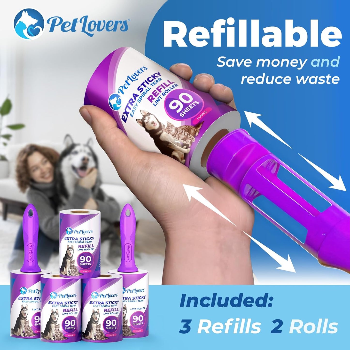 PetLovers Extra Sticky Lint Roller Mega Value Set 450 Sheets for Pet Hair Removal and Clothes, Dog and Cat Lint Remover 5 Pack Purple