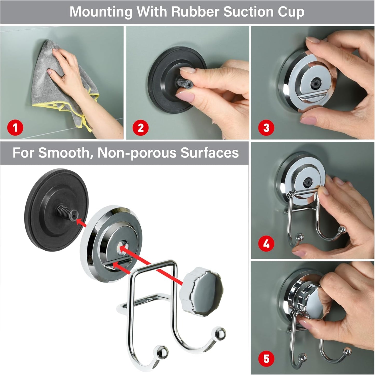 HASKO Suction Cup Hooks for Shower Wall, Removable Towel Hooks for bathrooms, Includes Optional No Drill Adhesive Mount for Inside Shower, Rustproof Stainless Steel - 2 Pack, Chrome