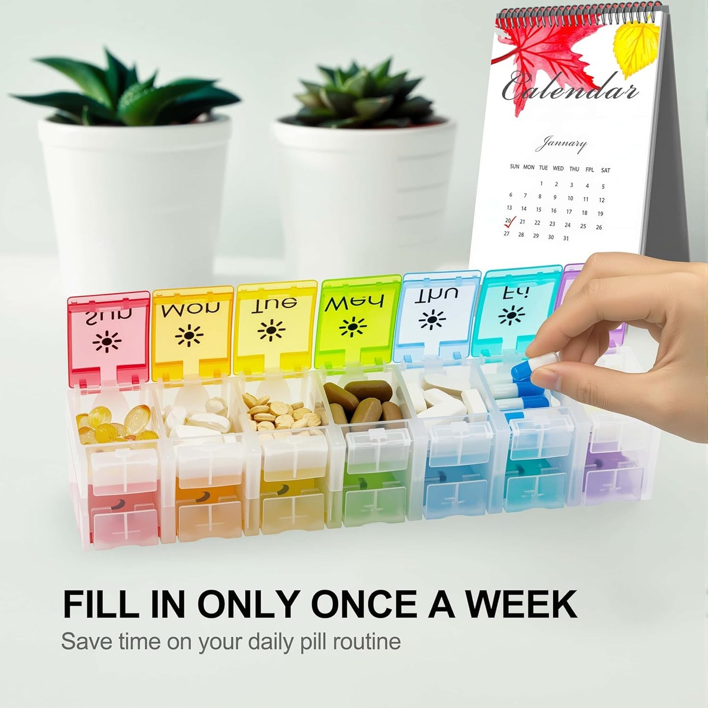 XL Large AM/PM Weekly Pill Organizer Arthritis Friendly, 2 Times a Day Pill Box with Spring Open Design, 7 Day Vitamin Case with Push Button Compartments (Clear)