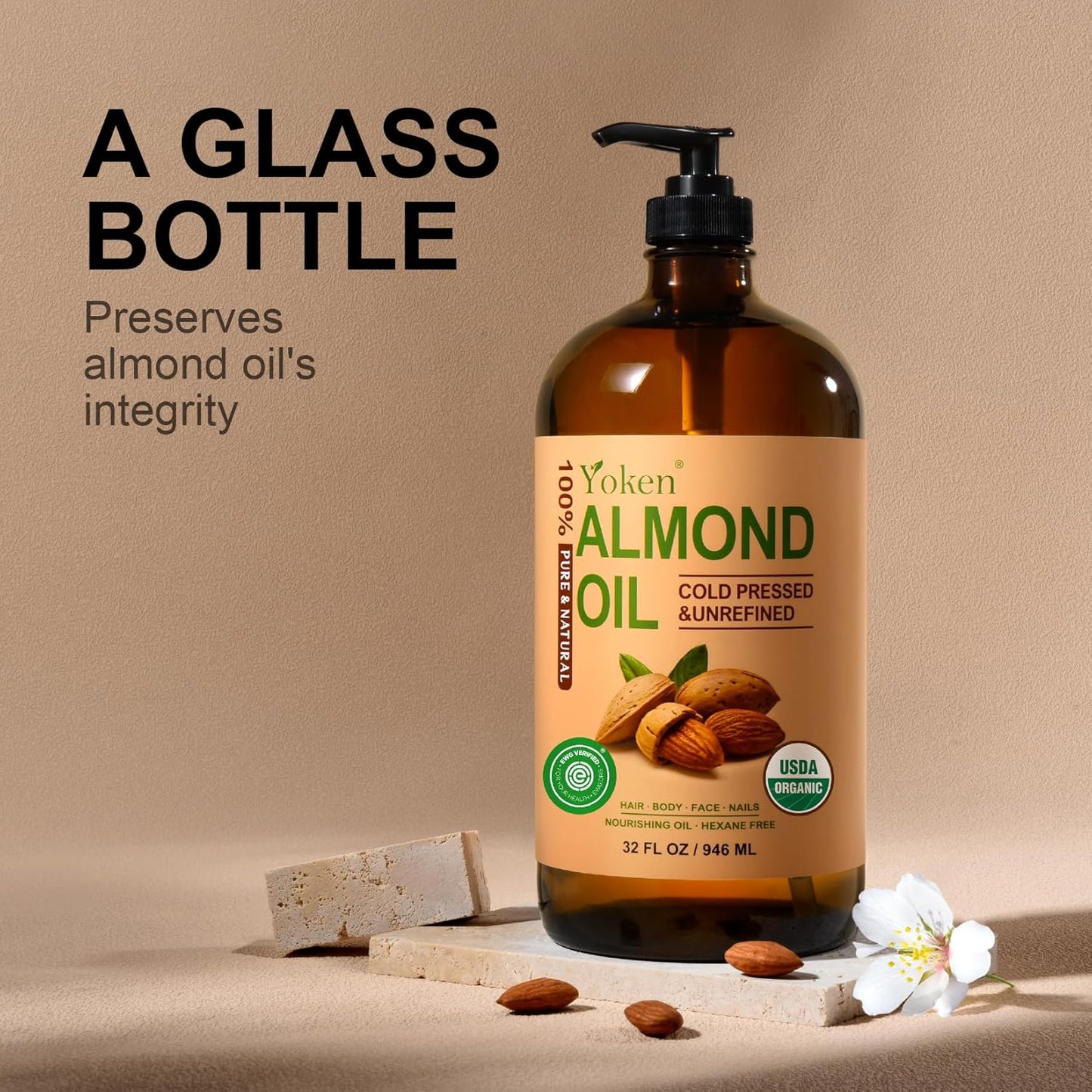 Yoken Organic Almond Oil 32 fl oz 100% USDA Pure Cold Pressed Glass Bottle Almond Oils for Skin, Hair, Face, Body Moisturizer, Smooth and Soft Skin, Base Carrier Oil for DIY, Massage