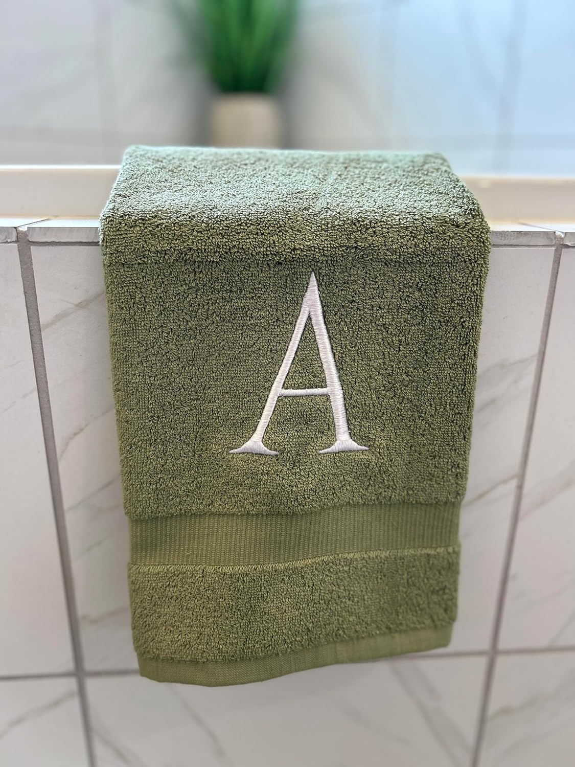 Sage Initial Hand Towel for Bathroom - Monogrammed Luxury Hotel Quality Decorative Embroidered Towel for Powder Room, Spa - GOTS Organic Certified - Set of 2 Letter G