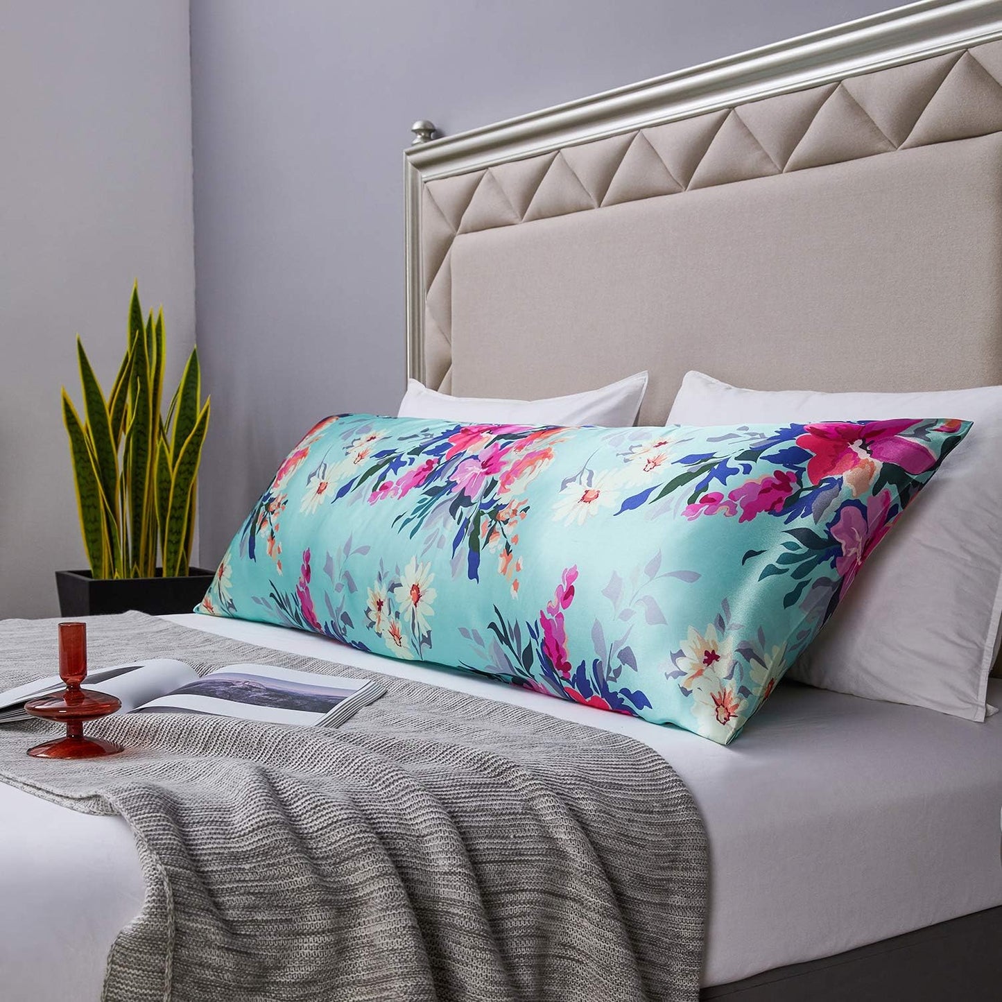 MR&HM Satin Body Pillow Cover, Soft and Breathable Body Pillow Case with Envelope Closure, Cooling and Silky Long Pillowcase for Hair and Skin,Grey (20x54, Floral Green)