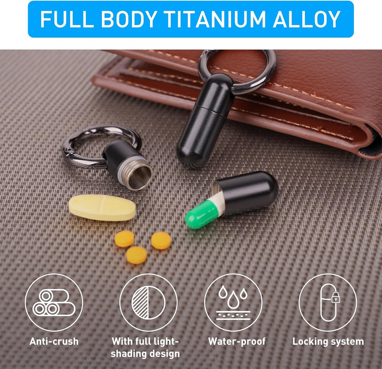 Micro Keychain Pill Holder Titanium Waterproof Mini Pill Container for Emergency Medicine,Travel Purse Pocket (Black)