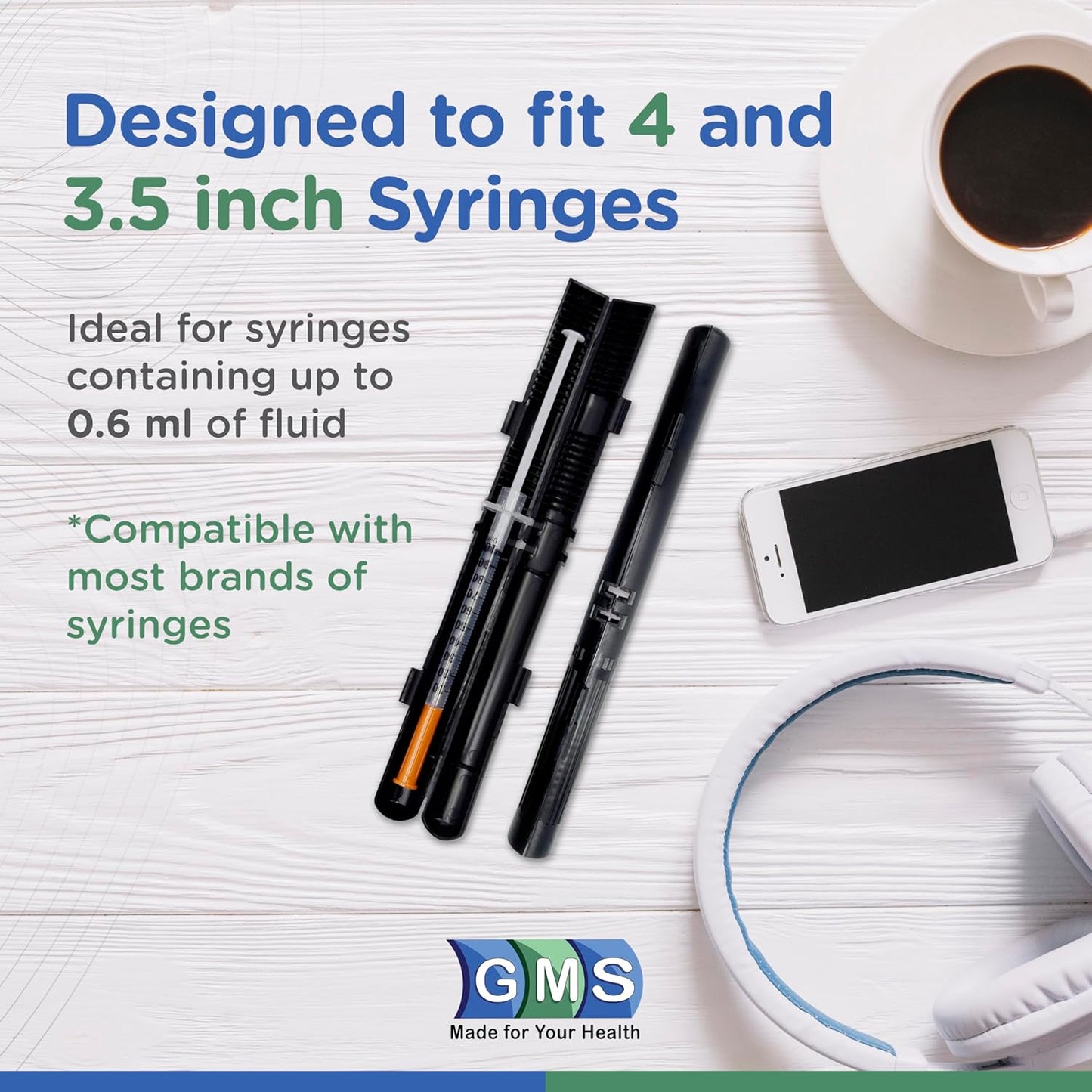 GMS 60 Unit Syringe Case - Holds New, Prefilled & Used Syringes with Needles - Small & Discreet - Ideal for Travel - Sharps Container - 2 Pack - White