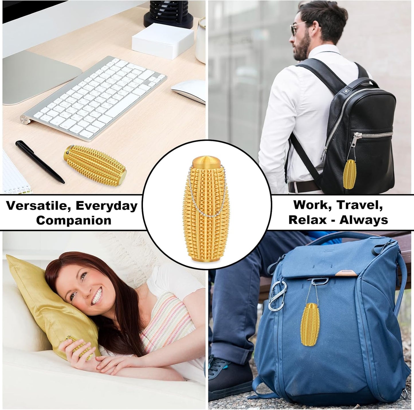 2 Pack Pain Stim Fidget Roller for Adults and Teens Spiky Sensory Hand Toy for Stress and Anxiety Relief, 3D Printed Discreet Keychain Fidget for Focus and Tactile Engagement(Gold+Gold)