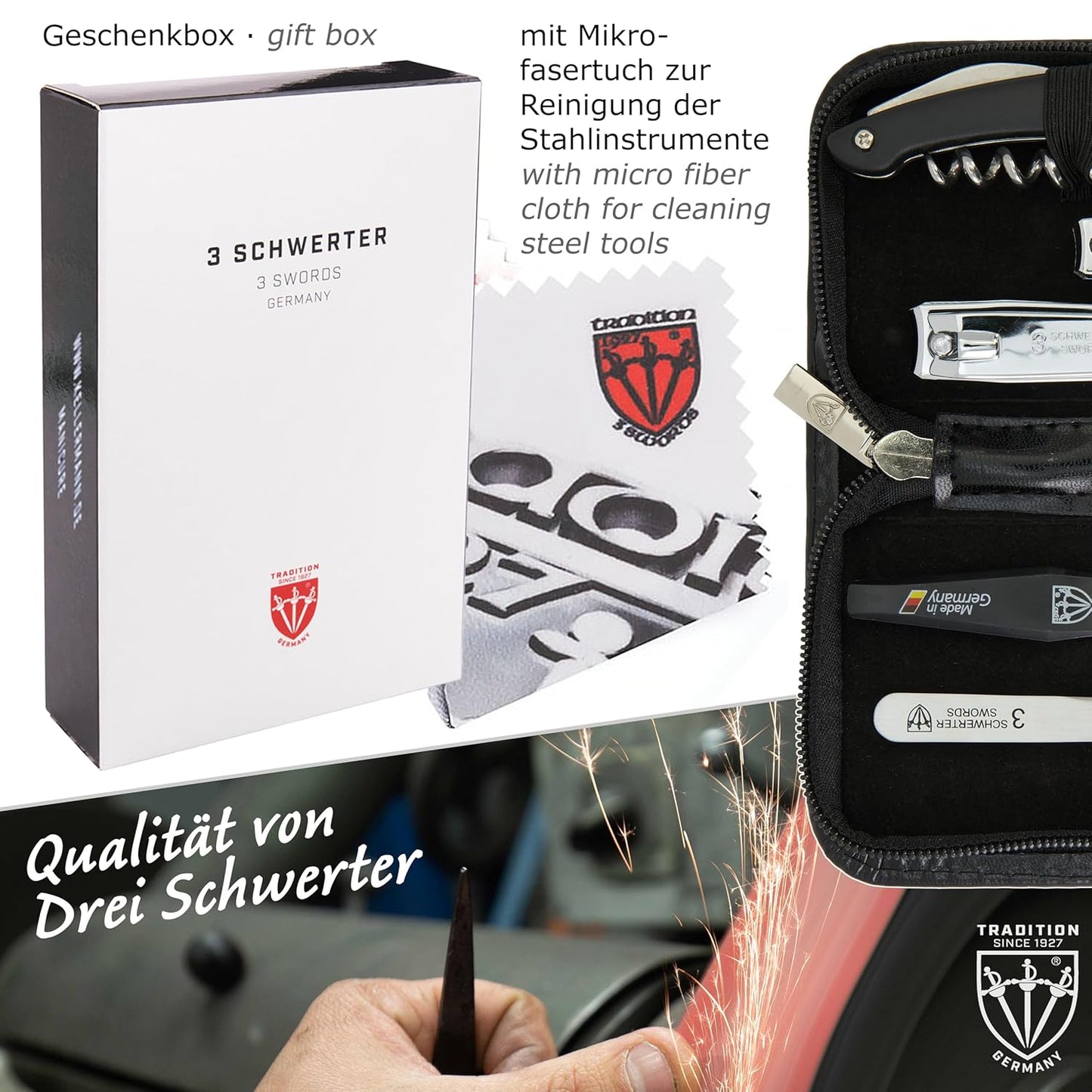 3 Swords Germany - brand quality 5 piece manicure pedicure grooming kit set for professional finger & toe nail care scissors clipper fashion leather case in gift box, Made by 3 Swords (00804)