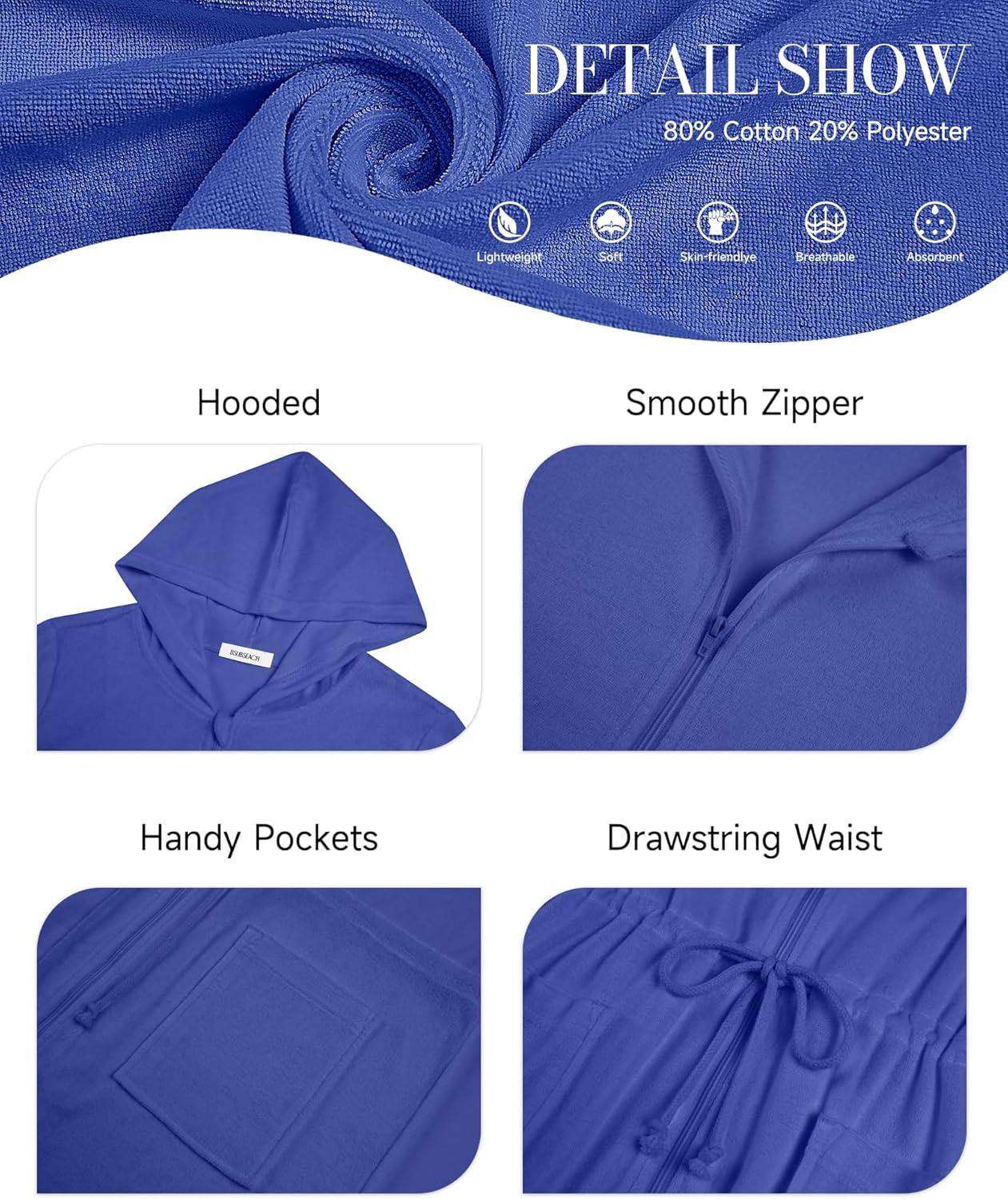 Bsubseach Terry Cloth Cover Up - Women Zip Up Long Sleeve Swimsuit Coverup Hooded Bath Robes with Pockets