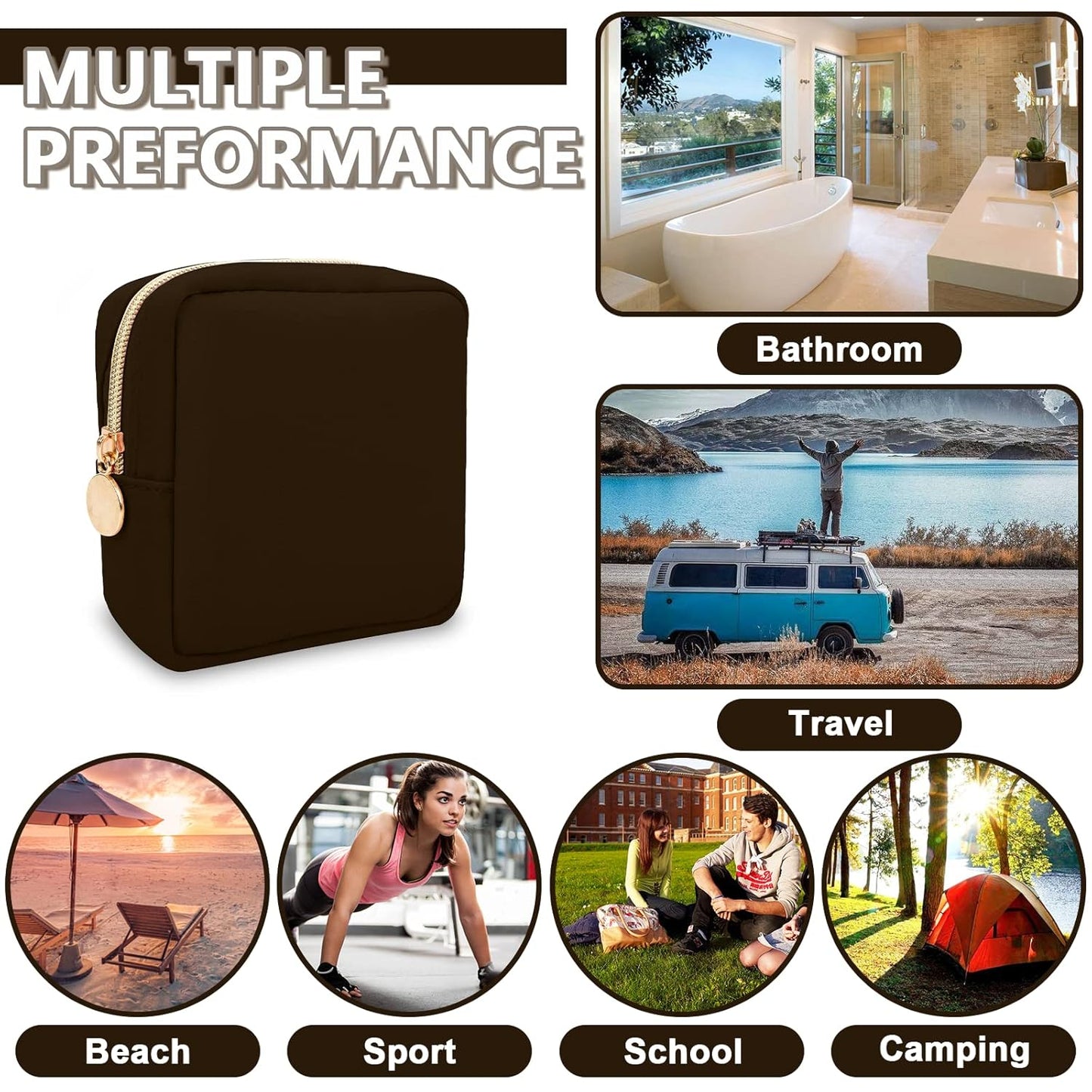 Mini Makeup Pouch for Purse, Small Cosmetic Bag Pouch Nylon Travel Toiletry Organizers Bag for Women Girls, Cute Zipper Coin Purse Preppy Storage Purse for School Work(Mini-Chocolate)