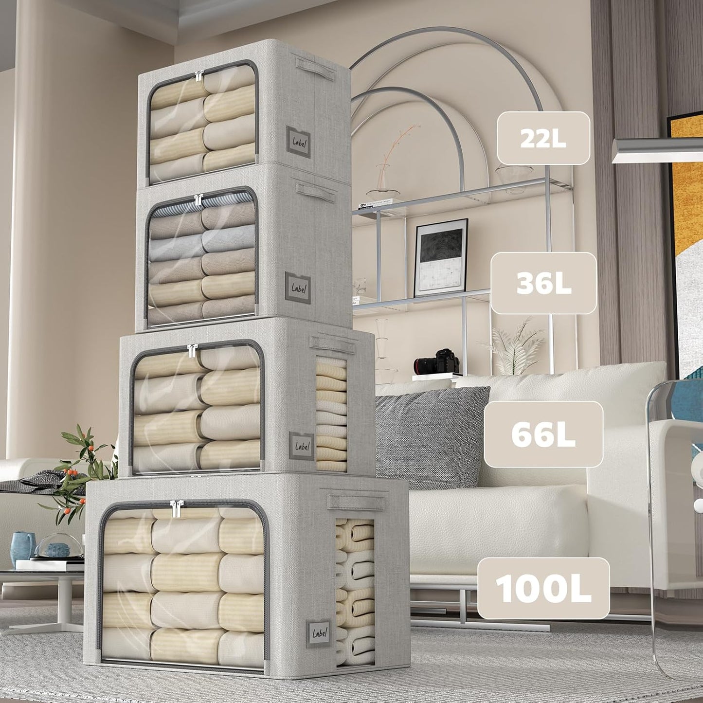 FHSQX 6 Pack Clothes Storage Bins with Metal Frame Foldable Storage Bins for Clothes Linen Fabric Storage Box with Clear Window (Light Grey, 19.7x15.7x13inch(66L))