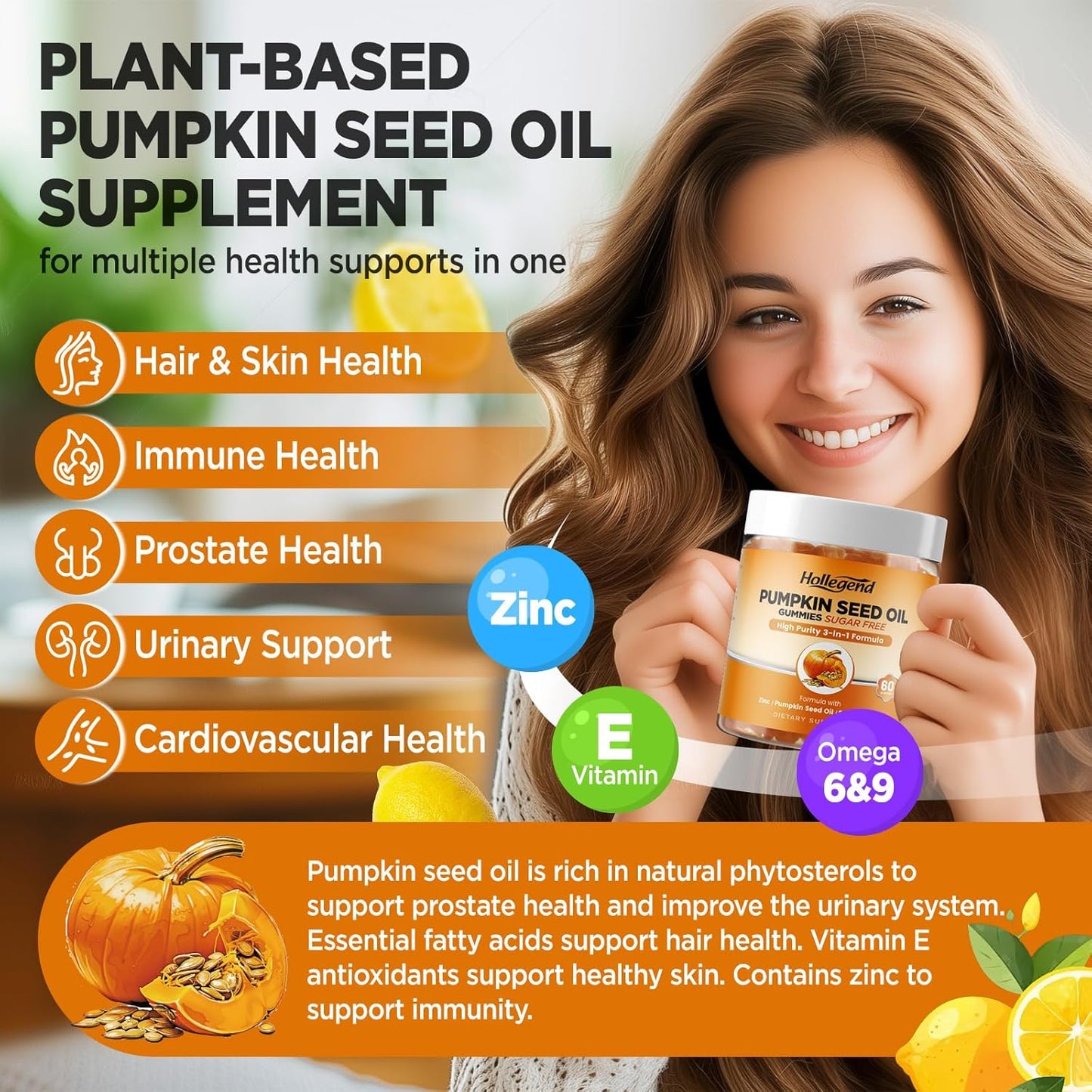 Pumpkin Seed Oil Gummies with Saw Palmetto, Organic Pumpkin Seed Oil Supplement for Hair Growth & Skin Health, High Pure Extract for Women Men, Lemon, Sugar Free, Vegan, 60