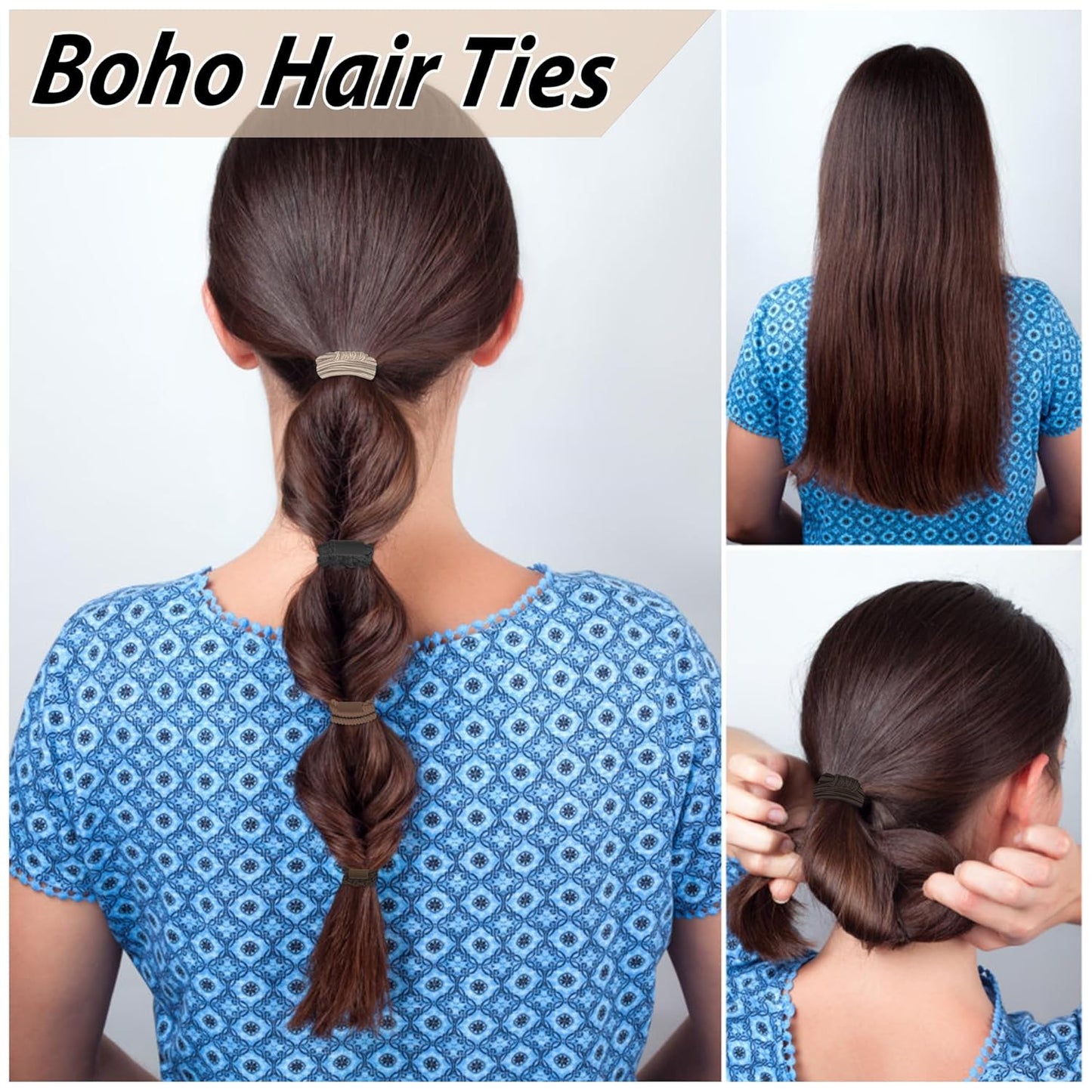 20 PCS Boho Ponytail Holders - 4 Neutral Colors, 5 Styles Hair Bands & Bracelets for Women's Thick or Thin Hair, No Damage