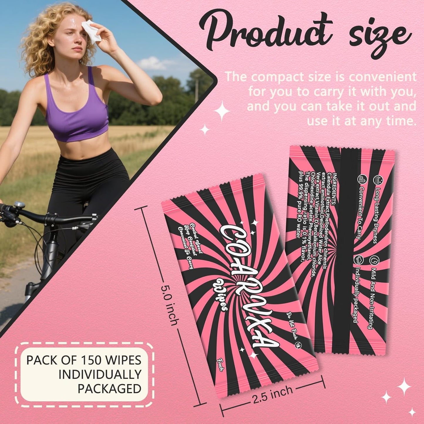 Pink Fresh Body Wipes 150 pieces of deodorant Wipes And Travel Deodorant Individually Wrap Hypoallergenic Mini Deodorant And Travel To Clean Skin For Female Male Teenagers