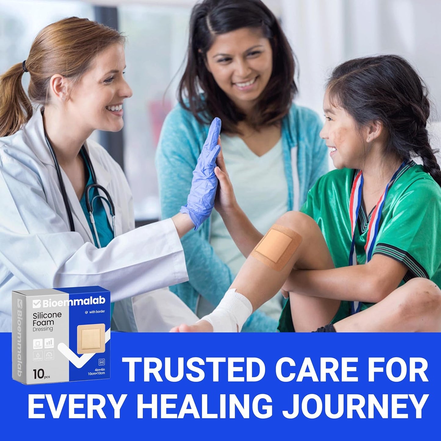 Large Waterproof Bandages 4x4 Silicone Foam Dressing for Sensitive Skin Wound Care, Adhesive Cohesive Pad with Border for First Aid, 10 PCS, Post Surgical and Trauma Care, Burn