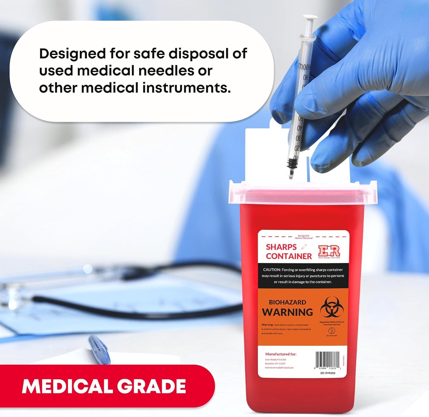 Ever Ready First Aid Sharps Container with Split Lid Design and Locking Mechanism for Sharp Waste Disposal, 1 Quart