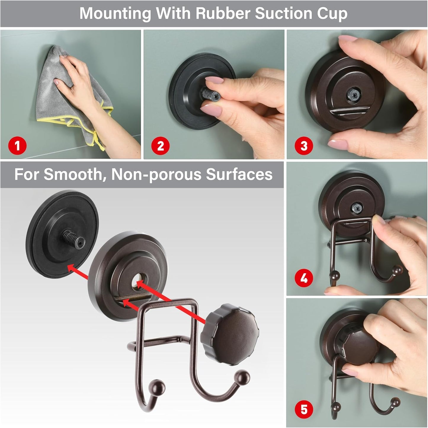 HASKO Suction Cup Hooks for Shower Wall, Removable Towel Hooks for bathrooms, Includes Optional No Drill Adhesive Mount for Inside Shower, Rustproof Stainless Steel - 2 Pack, Bronze