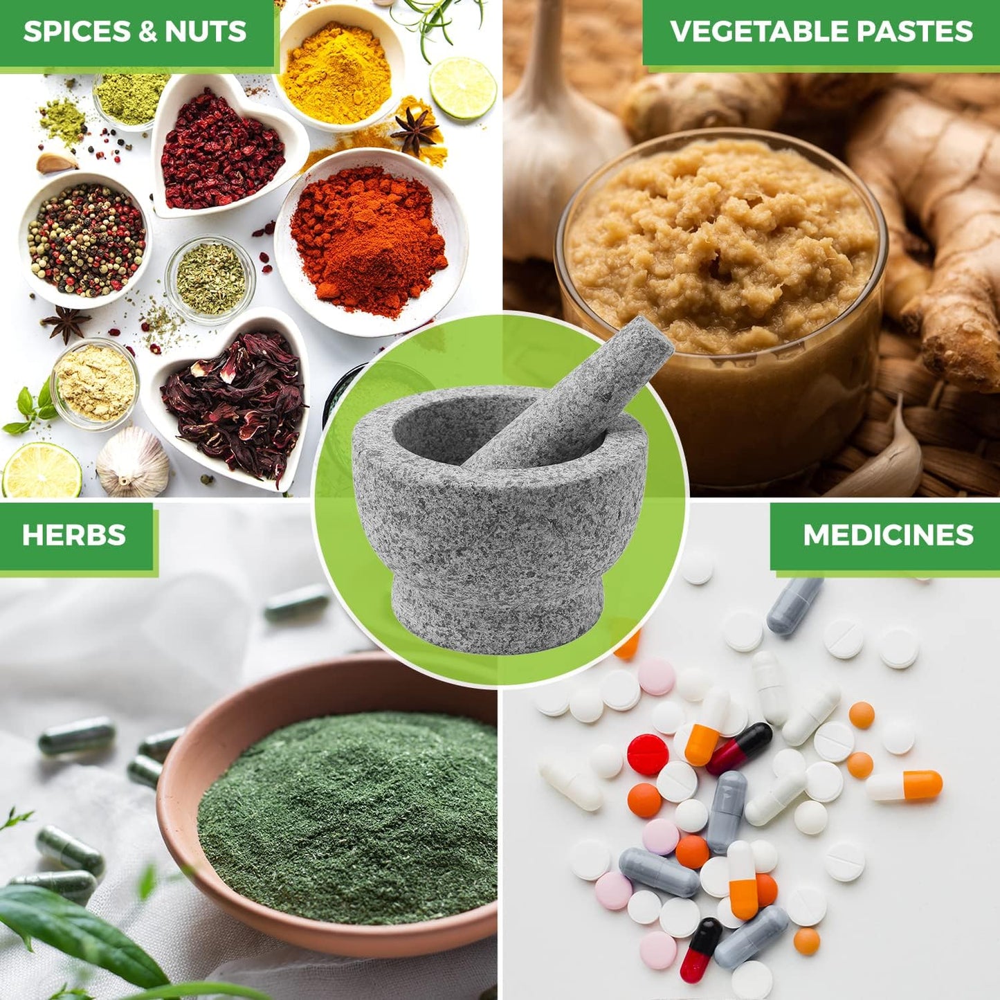 Granite Pill Crusher Set - Easy Grip Non-Slip Stone Muddler & Deep Bowl with Silicone Lid - Mortar and Pestle Grinder for Pills, Tablets, Vitamins and More