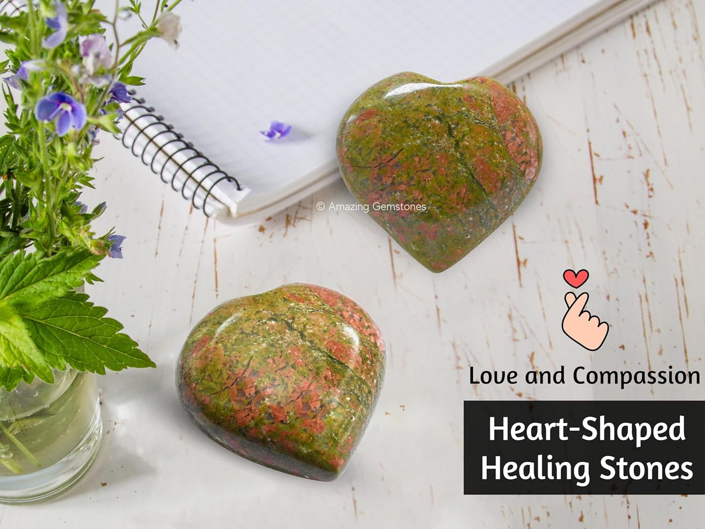 Amazing Gemstone Unakite Crystal Heart Palm Stone - Pocket Massage Worry Stone for Natural Body Chakra Balancing, Reiki Healing and Crystal Grid