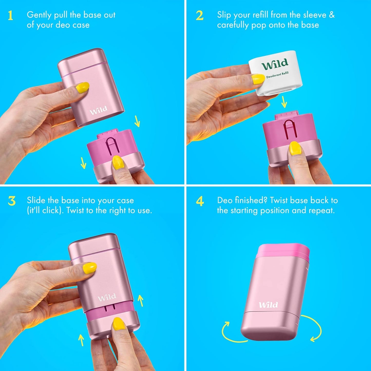 Wild - Refillable Deodorant Starter Kit with Pink Case and Fresh Cotton & Sea Salt Scented Refill 1.4oz - Aluminum Free - Long Lasting Protection - Vegan