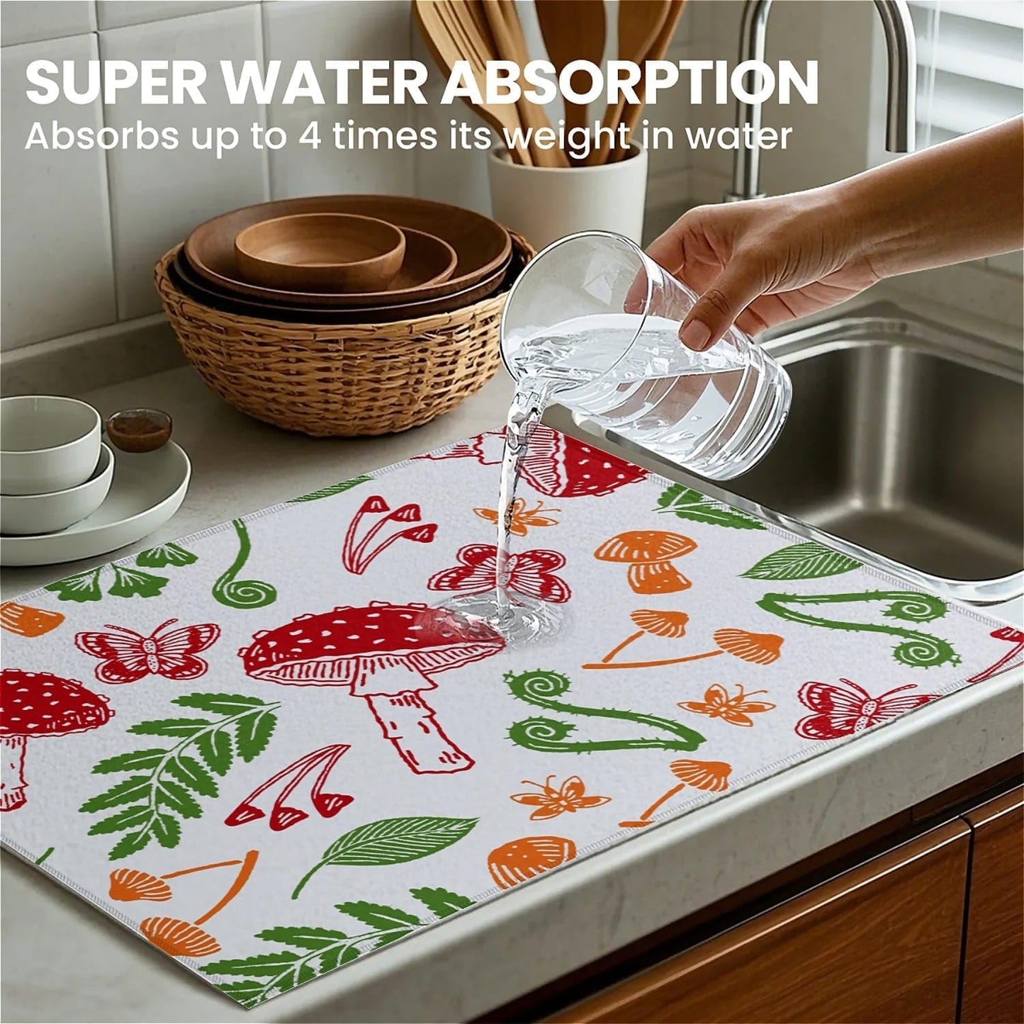 Dish Drying Mat For Kitchen Counter, Red Mushroom Microfiber Absorbent Dish Drainer Rack Pad Reusable Large 18x24in Drying Mat