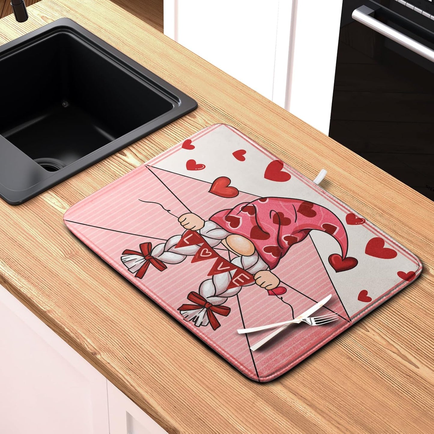 Valentine's Day Love Letter Dish Drying Mat for Kitchen Counter, Love Letter Gnome Absorbent Dish Pad Large Dish Drainer Mats for Countertop 16x18 Inch