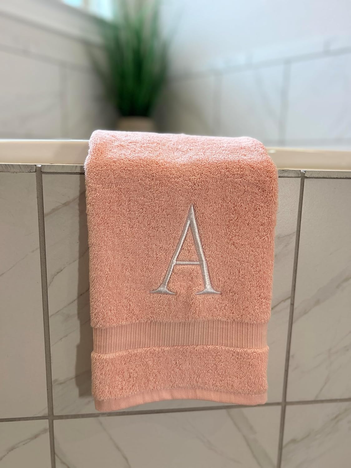 Pink Initial Hand Towel for Bathroom - Monogrammed Luxury Hotel Quality Decorative Embroidered Towel for Powder Room, Spa - GOTS Organic Certified - Set of 2 Letter M