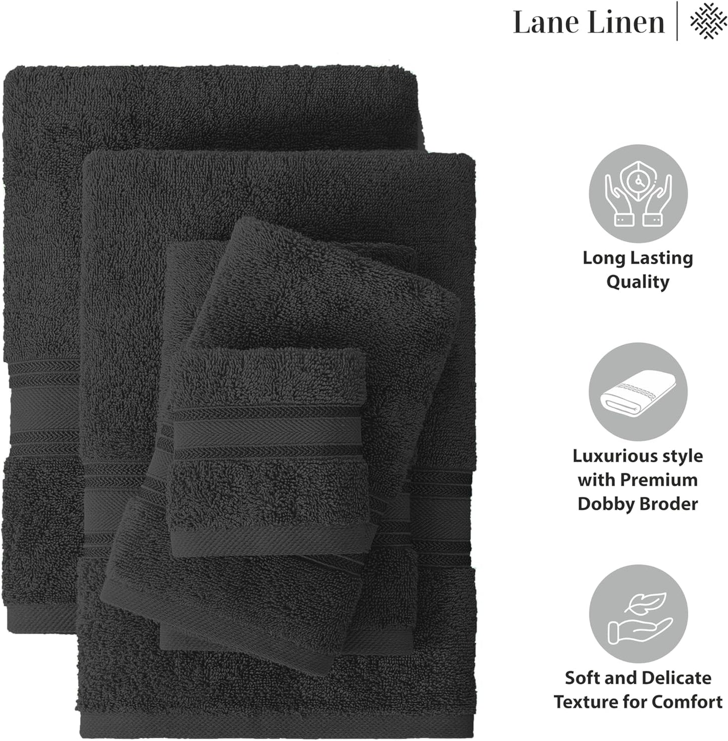 LANE LINEN Luxury Towels Set - 3 Piece Set, 100% Cotton Bathroom Towels, Zero Twist, Quick Dry Shower Towels, Absorbent Bath Towel, Super Soft, 1 Bath Towel, 1 Hand Towel, 1 Wash Cloths - Black