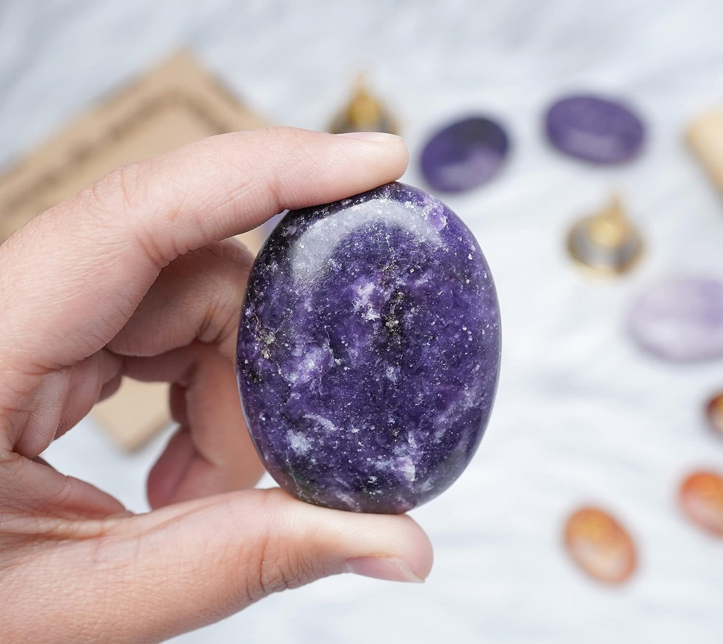 Crocon 50mm lepidolite Large Oval Palm Stone 900+ Carats Pocket Massage Worry Stones for Natural Body Chakra Balancing Reiki Healing Stones and Crystal Grid Healing Massage Spa Energy Crystals