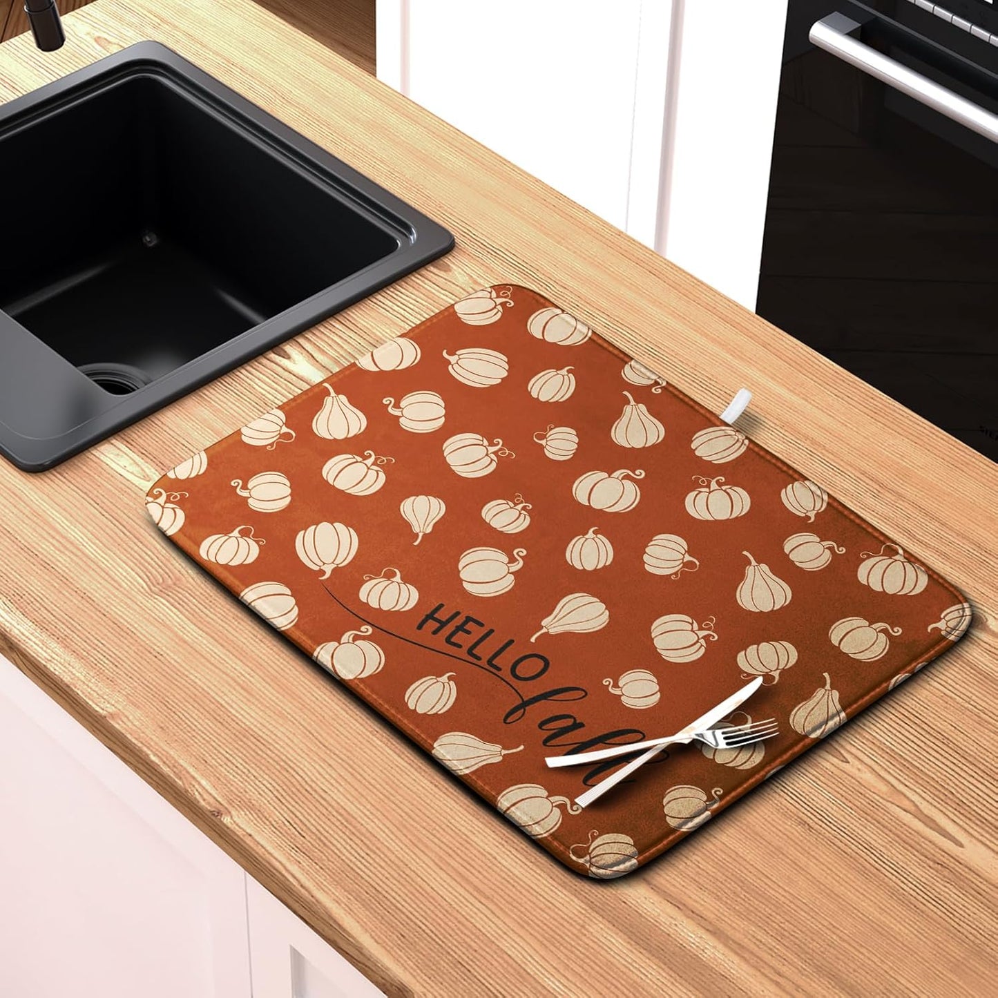 Hello Fall Drying Mat for Kitchen Counter Autumn Orange Pumpkin Dry Dish Mat Thanksgiving Absorbent Microfiber Dish Draining Washable Dish Drainer Rack Mat 16x18 Inch