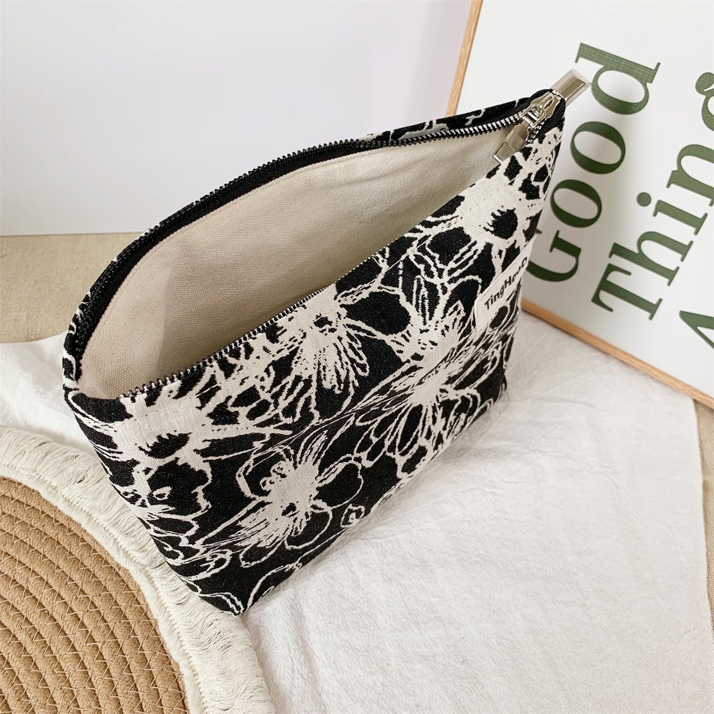 Zebra Print Makeup Bag for Women,Travel Make up Bag with Zipper Lining, Canvas Makeup Pouch for Purse, Cosmetic Pouch for Toiletry, Cosmetic, Sunscreen, Hygiene, Skincare, SPF, Medicine, Sunblock
