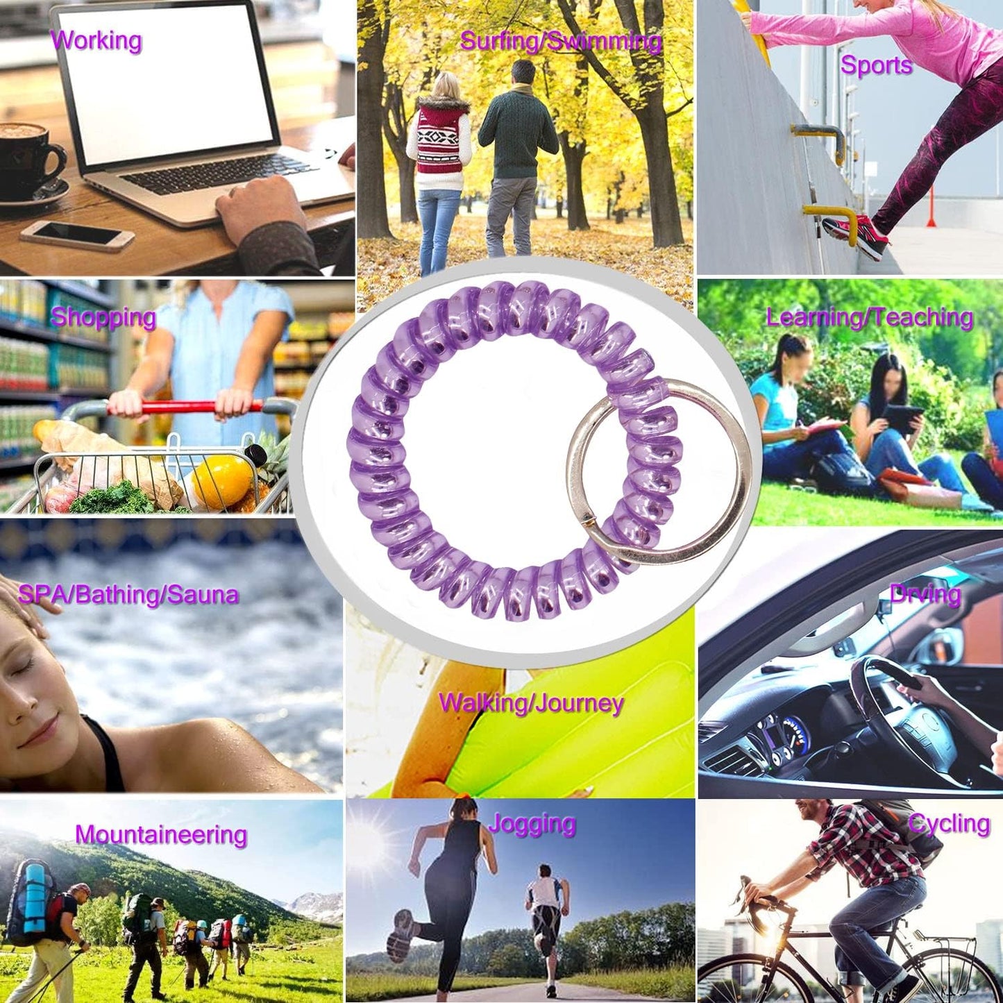 BIHRTC Pack of 6 Key Wristlet Coil Bracelet Spiral Keychain Bracelet Coil Hair Ties Candy Colors Spiral Bracelets Ponytail Holders for Sauna Gym Pool ID Badge Outdoor