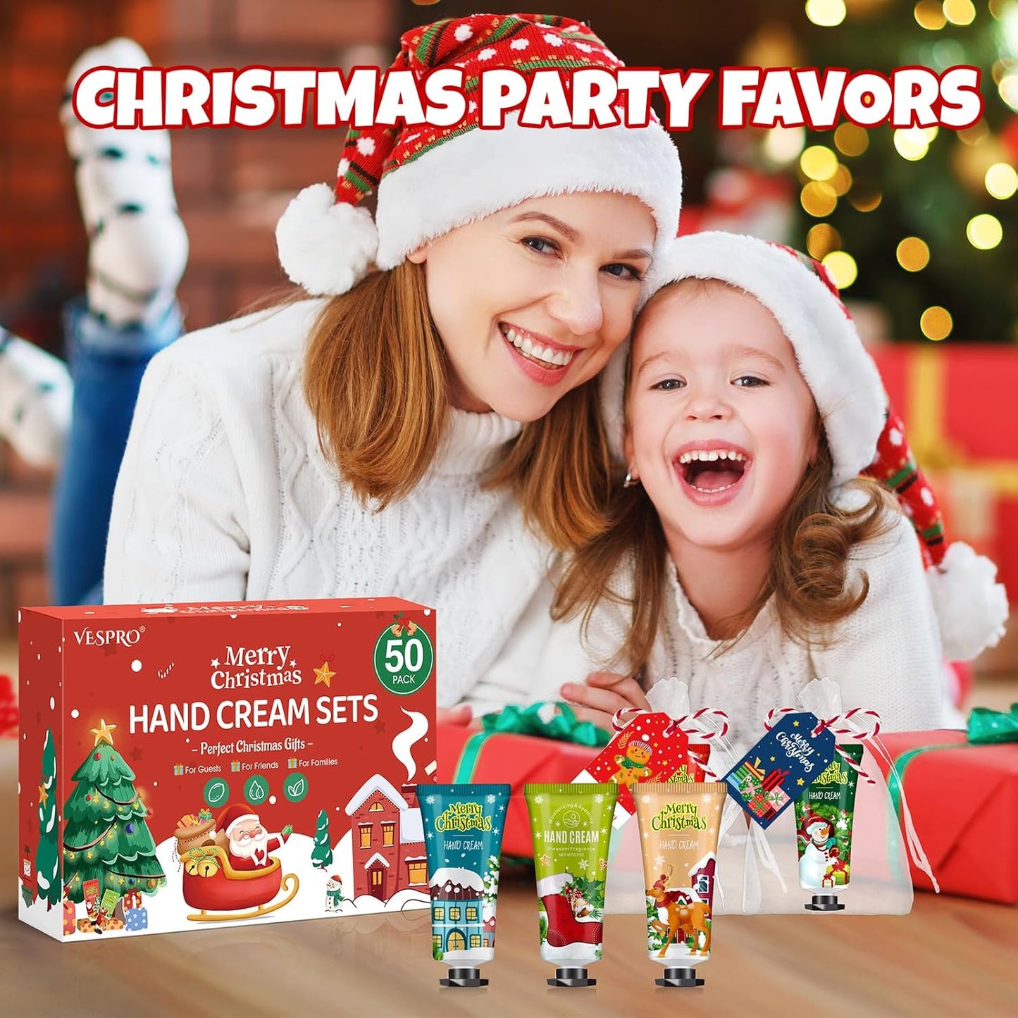 VESPRO 50 Sets Christmas Hand Cream Gift for Women, Hand Lotion for Christmas Party Favors with Christmas Cards and Organza Gift Bags, Christmas Decorations and Stocking Stuffers Gifts for Women